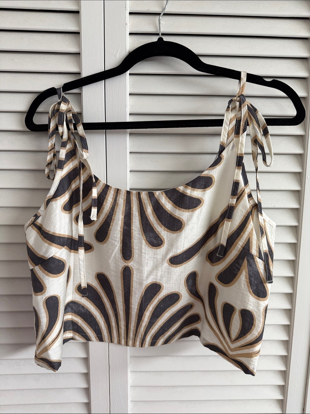 fab'rik White Camisole with Black & Gold Fan Print Tie Straps